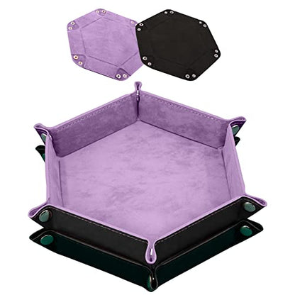 SIQUK 2 Pieces Dice Tray PU Leather Dice Trays Portable Folding Hexagon Dice Roller Tray for Dice Games Like RPG, DND and Other Table Games (Lilac, Black) - color: Lilac, Black