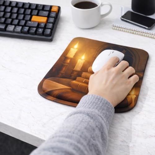 Ergonomic Memory Foam Mouse Pad with Wrist Support, Orange, Ultra-Smooth Surface, Anti-Slip Base (Book and Candle, Medium) - color: Book And Candle