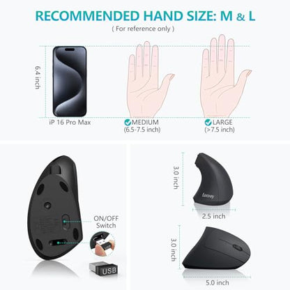 Lekvey Ergonomic Mouse, Rechargeable Vertical Wireless Mouse, Comfort Grip | Long Battery Life, USB-C Charging, Quiet Click, Carpal Tunnel Support, 2.4G Wireless, 3DPI 800/1200/1600, for Laptop, Mac, PC