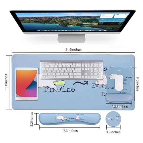 MEGREZ 4-in-1 Mouse Pad with Wrist Rest Ergonomic Memory Foam Desk Mat Set | ergonomic, anti-slip base, 4pcs set, desk pad, mouse wrist rest, keyboard rest, coaster, ideal for office & gaming - color: Haze Blue