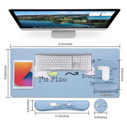 MEGREZ 4-in-1 Mouse Pad with Wrist Rest Ergonomic Memory Foam Desk Mat Set | ergonomic, anti-slip base, 4pcs set, desk pad, mouse wrist rest, keyboard rest, coaster, ideal for office & gaming - color: Haze Blue