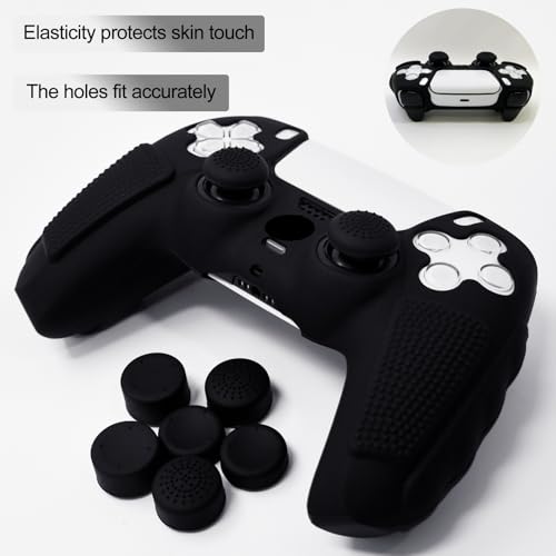 Anti-Slip Black PS5 Controller Skin,Soft Thicken Studded Protective Silicone Cover Skin Grips Compatible with PS5/Slim/Pro Controller and 8 PCS Thumb Grips Caps. - color: Black