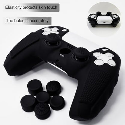 Anti-Slip Black PS5 Controller Skin,Soft Thicken Studded Protective Silicone Cover Skin Grips Compatible with PS5/Slim/Pro Controller and 8 PCS Thumb Grips Caps. - color: Black
