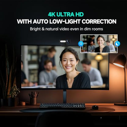 G53 4K Webcam with Noise-Canceling Microphone for PC Laptop | 120° Wide-Angle & Autofocus Video Streaming Computer Camera, Remote Control，works with Zoom/Teams/Switch 2/Mac