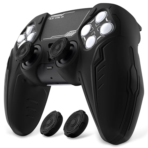 PlayVital Silicone Skin Set for PS5 Controller - Charging Dock Compatible, Full Protection Case with Futuristic CyberMech Design, Soft Cover with Thumb Grips & Stickers - Black - color: Black