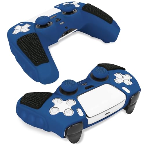 SIKEMAY Anti-Slip PS5 Controller Skin, Soft Thicken Non-Slip Studded Silicone Gel Grip Protective Cover Case for PlayStation 5 Controller Grip, 2 Pack with 8 x Thumb Grip Caps - color: Blue-Black
