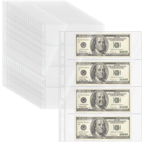 Mogoostry A4 Clear Sheet Protectors 4 Pocket Binder Sleeves 20 Sheets 11 Holes Side Open Banknote Protector Currency Collection Page Protector - color: 4-pocket