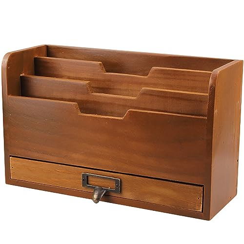Rustic Wooden Desk Organizer - Vertical File Sorter with 3 Compartments & 1 Paper Tray Drawer - Mahogany Wood