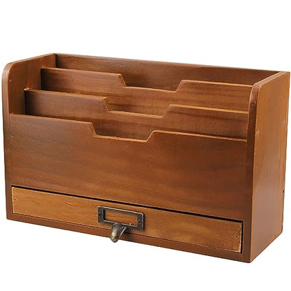 Rustic Wooden Desk Organizer - Vertical File Sorter with 3 Compartments & 1 Paper Tray Drawer - Mahogany Wood