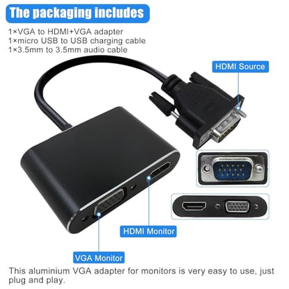 New VGA to HDMI+VGA Adapter for Dual Monitors, VGA to HDMI Adapter Splitter 2 in 1,1080P@60HZ Full HD Display Video Converter for PC Laptop Link Monitor/HDTV/Projector