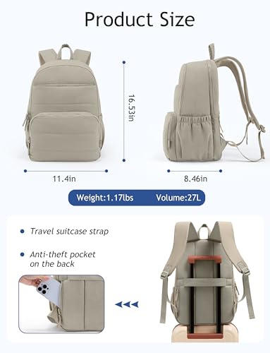 Uselike Travel Backpack for Women, 15.6 Inch Laptop Backpack, Quilted College Bookbag, Cute Work Backpacks, Water Resistant (Khaki Ash) - color: Khaki Ash