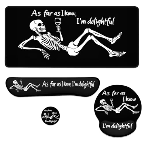 Skeleton Humor Mouse Pad Set Funny Wine Drinking Gothic Quote Art Gaming Mousepad 4in1 Desk Mat for Desktop Anti-Slip XXL Big Computer Ergonomic Mousepad with Wrist Support for Keyboard and Mouse - color: Skeleton Humor, size: 35.4L x 15.7W inches