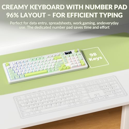 L98 Wireless Gaming Keyboard Green Cute Creamy Keyboard with Number Pad, Tri-Mode BT5.0/2.4GHz/USB-C, RGB Backlit, Quiet Office Computer Keyboards for PC Mac Laptop (Green White)