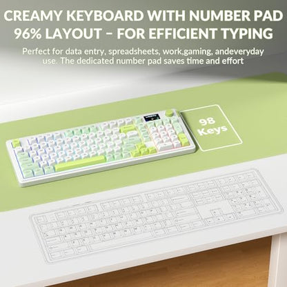 L98 Wireless Gaming Keyboard Green Cute Creamy Keyboard with Number Pad, Tri-Mode BT5.0/2.4GHz/USB-C, RGB Backlit, Quiet Office Computer Keyboards for PC Mac Laptop (Green White)