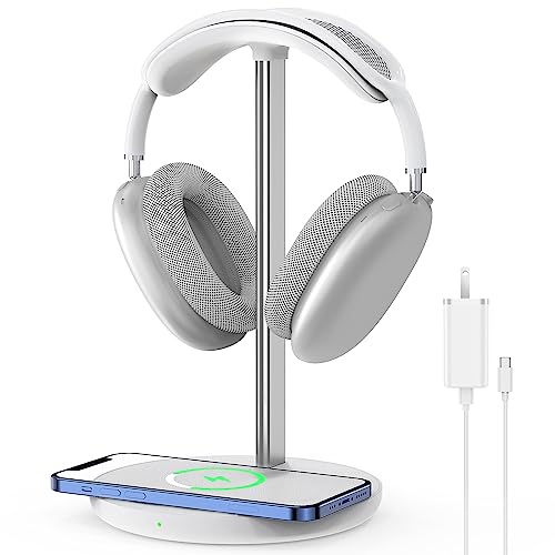 Headphone Stand with Wireless Charger, Gaming Headset Holder Hanger Rack 2 in 1 Wireless Charging Station Dock for iPhone 15/14/13/12/11 Series, AirPods Pro/3/2 and Desk All Headphones, White - color: White