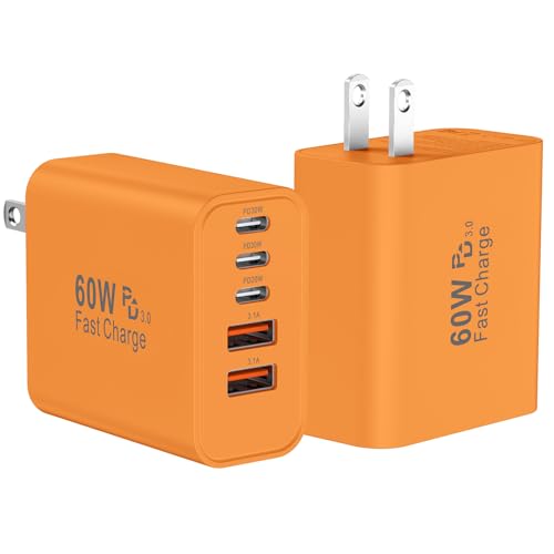 USB C Fast Wall Charger Block, 2Pack 60W USBC Charging Cubes, 5-Port PD+QC Power Adapter Multiport Brick Type C Box Plug for Phone 17/16/15/14/13/12/11/Pro Max/Plus, Pad Mini/Pro/S25/S24-Orange - color: Orange