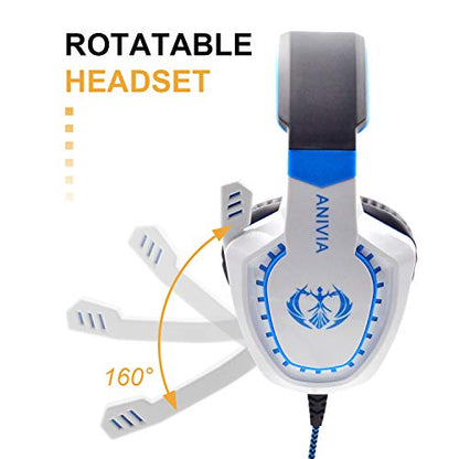 Stereo Gaming Headset for PC, Surround Sound Noise Isolation Wired Over Ear Headphones with Mic, Deep Bass, Soft Memory Earmuffs for Laptop Desktop Computer (White Blue)