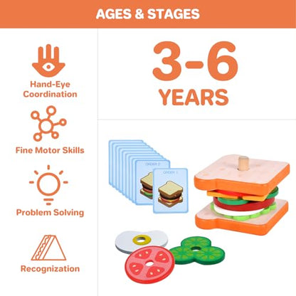 Pajojoqa Wooden Sandwich Stacking Toys, Montessori Toys for Toddlers Kitchen Play Food Educational Preschool Learning Toys Christmas Birthday Gift Kids Toys for Boys Girls 3 4 5 Years Old (Sandwich) - color: Sandwich