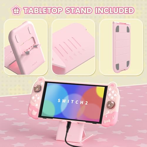 PlayVital Good Night Bear Dockable Case for Nintendo Switch 2 with Stand | Split Design Silicone Joycon Grips, PC Console Hard Shell, 2 Joystick Caps | Cute Protective Cover Bundle – Pink - color: Pink