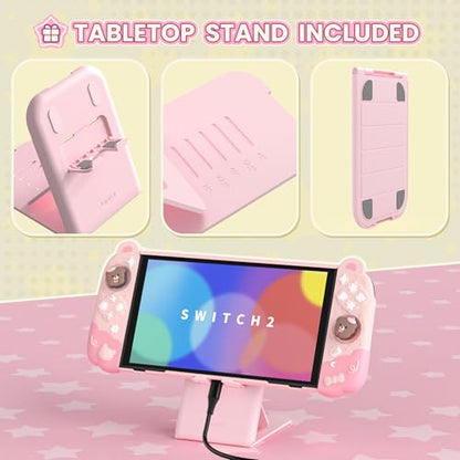 PlayVital Good Night Bear Dockable Case for Nintendo Switch 2 with Stand | Split Design Silicone Joycon Grips, PC Console Hard Shell, 2 Joystick Caps | Cute Protective Cover Bundle – Pink - color: Pink