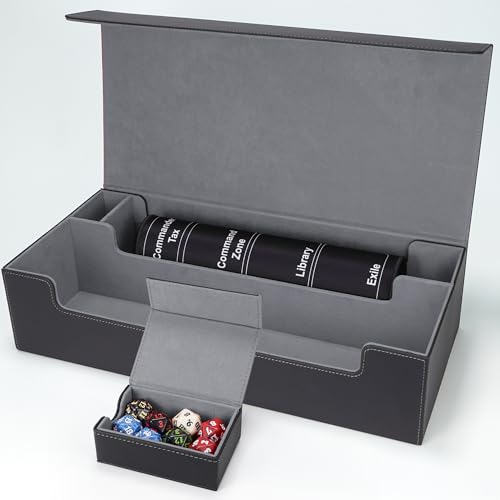 AFIING Mtg Deck Box Holds 5 Display Card Deck Boxes with Mtg Playmat & Dice Box,10 Dividers,1Card supporter, Trading Card Storage Box for Magic Yugioh Sports Cards (Black &Grey) - color: XL Black Grey