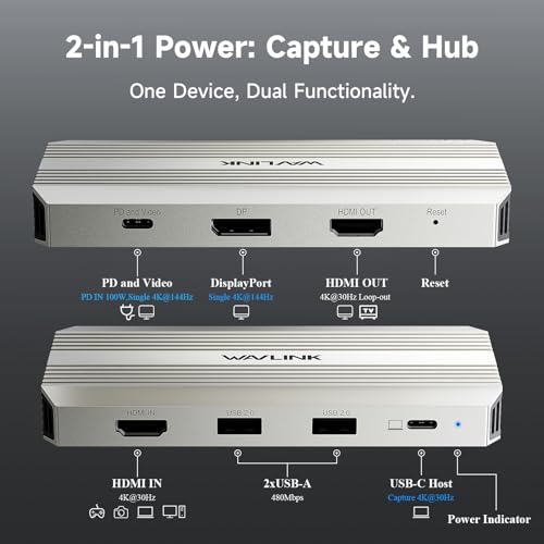 WAVLINK 비디오 캡처 카드, 스트리밍용 HDMI 캡처 카드, 4k@30Hz 캡처 및 루프 아웃, 싱글 4K@144Hz 디스플레이, 100W PD, PS5/Xbox/스위치, OBS, 윈도우/맥과 호환 | 4k@30Hz 캡처 및 루프 아웃, 싱글 4K@144Hz 디스플레이, 100W PD, PS5/Xbox/Switch, OBS, 윈도우/맥과 호환