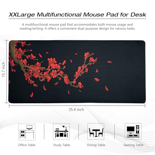 GMKWTL Large Gaming Mouse Pad for Desk, Black Plum Blossoms XXL Mouse Pad, 35.4x15.7 Inch, Waterproof, Non-Slip Rubber Base - color: Plum Blossoms