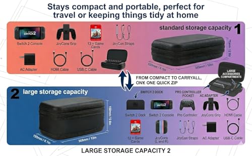 Veastar Switch 2 All in One Carrying Case in large storage capacity | Expandable storage feature ,Adjustable Organized storage, Fits dock and controllers, 2 in 1 mode for daily use and travel.