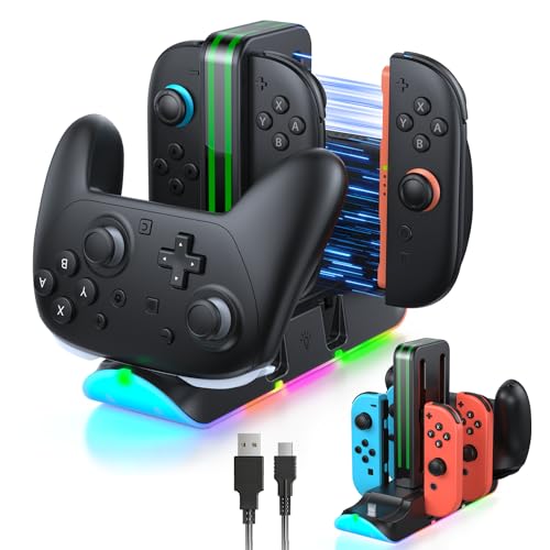 FASTSNAIL 9 RGB Light Charging Dock for Joycon 1/2&Switch 1/2 P Controller | Magnetic Charging Storage Station with Charging Indicator and USB Cable - color: Black, size: 6.2/7.9inch
