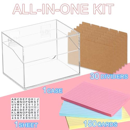 4x6 Inch Acrylic Index Card Box Index Card Holder Clear Flash Card Holder Recipe Card Holder Business Card Organizer 150 Index Cards 30 Kraft Dividers A to Z Stickers For Hold 400 Tab Letter Note