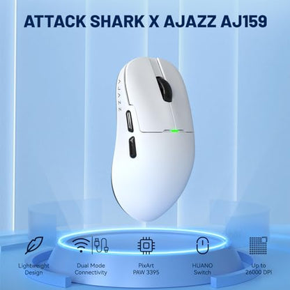 ATTACK SHARK x Ajazz AJ159 Gaming Mouse,2.4G Wireless Mouse,56g Ultralight,26K DPI PAW3395 Sensor,6 Programmable Buttons,Ergonomic Wired Gaming Mouse USB3.0 with 80M Click Switch for PC/MAC - color: AJ159 White