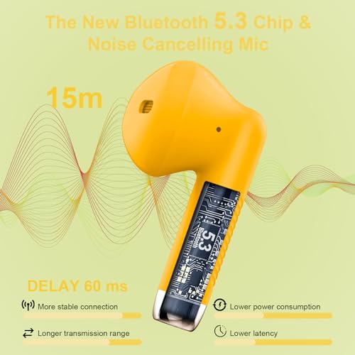 Wireless Earbuds, Bluetooth 5.4 Headphones in Ear with Noise Cancelling Mic, Bluetooth Earbuds Stereo Bass, IP7 Waterproof Sports Earphones, 32H Playtime USB C Charging Ear Buds Yellow for Android iOS - color: butter yellow
