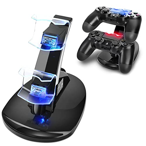 TNP PS4 Controller Charger Dock for 2 DualShock 4 Controllers, Black | Dual PS4 charging station charges 1 controller in about 2 hours or 2 in about 4 hours, with LED status indicators.