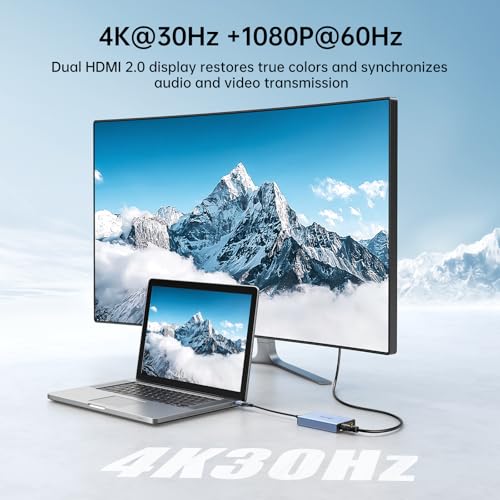 MT-VIKI HDMI Splitter Extended Display for Dual Monitors/Multi-Monitor, 4K@30Hz & 1080P@60Hz, USB 3.0 & USB C Adapter to HDMI for Windows & Mac, Required Driver Installation