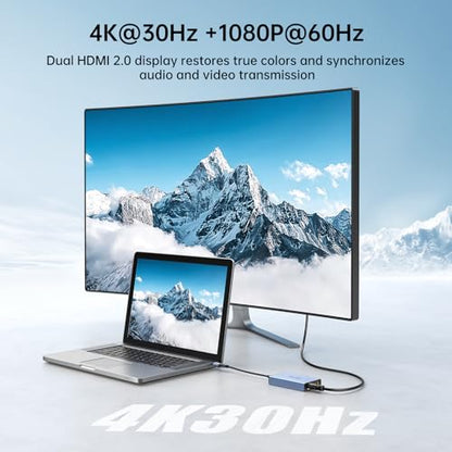 MT-VIKI HDMI Splitter Extended Display for Dual Monitors/Multi-Monitor, 4K@30Hz & 1080P@60Hz, USB 3.0 & USB C Adapter to HDMI for Windows & Mac, Required Driver Installation