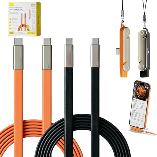 SIDEWAY Phone Charger 240W Silicone Cable with Detachable Stand - Universal Type-C, 90° Angle, 480Mbps Data Transfer Speed(Balck+Orange) - color: black+orange