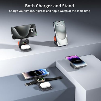 3-in-1 Wireless Charger Stand, LULULOOK 15W Magnetic Charger Wireless Fast Charging Station for iPhone 16/15/14 Series, Aluminum 5W Charger for Apple Watch, AirPods, USB-C Charging Cable Included - color: Gray