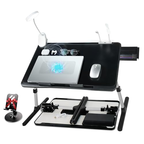 Adjustable Laptop Lap Desk with Cooling Fan USB Light for Adults 56 * 32cm,Black - color: Black+holder,56-32cm