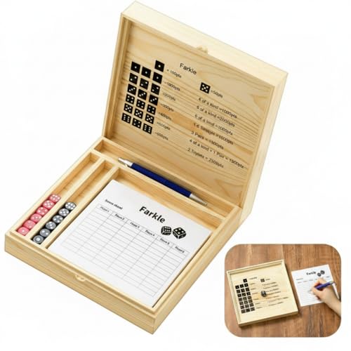8.66 Inch Farkle Wooden Dice Tray and Storage Case with Lid Printed Rules Classic Board Game Set Includes 2 Sets of 6 Pearl Dice, 50 Scoreboard and Pen 1 Pen for Classic Family Game Wood Color