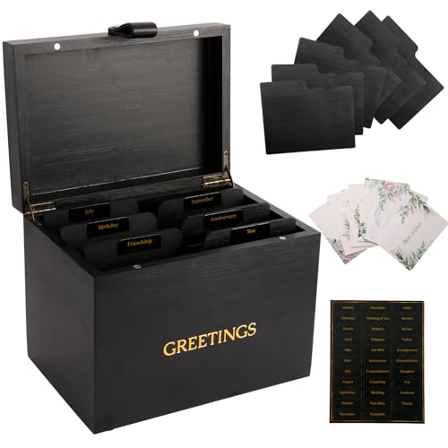 Large Bamboo Greeting Card Organizer Box with 6 Removable Dividers, Real Leather Handle, 100% Handmade Solid Bamboo, Storage Box for Christmas, Valentine, & Birthday Cards, Postcards, Stationery& More - color: Black