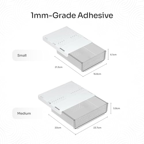 Slide and Stash Under Desk Drawers Office Organizer 2-Pack Small and Medium – Office Organization Drawer Slides Include Adhesive Tape – Easy DIY Installation for Desk Organization, Cupboard, Wardrobe