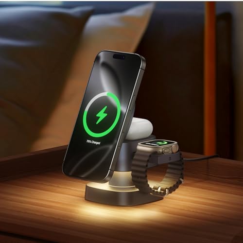 3 in 1 Charging Station with Night Light, 4 in 1 Wireless Charger for Apple | 15W MagSafe magnetic stand for iPhone 17/16/15/14/13/12, Apple Watch & AirPods. Foldable travel wireless charge (Gray) - color: Gray