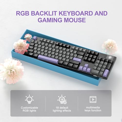 MageGee Mechanical Gaming Keyboard, Wired USB RGB Backlit Keyboard, 104-Key 100% Anti-Ghosting Mechanical Keyboard with Red Switches, Side-Printed Keycaps for Windows PC & Mac - color: Twilight Purple red switch