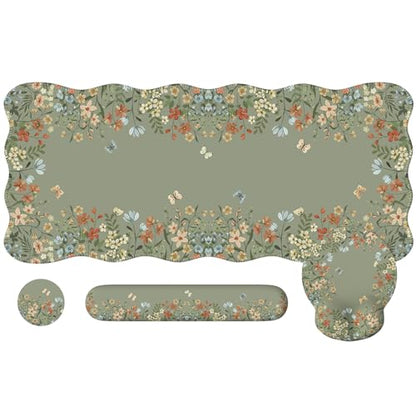 iCasso Desk Mat Set,Large Mouse Pad with Wrist Rest,Ergonomic Keyboard Wrist Support for Women,Girly Floral Computer Mat with Scalloped Edges,Non-Slip Desk Pad Home Office Gaming (Green) - color: Green