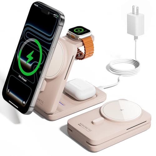 KPON Foldable 3in1 Charging Station for Magsafe, Travel Phone and Watch Charger for Apple Devices, Wireless Charging Dock for iPhone 17 16 15 14 13 12 Series/Apple Watch/Airpods - color: Pink
