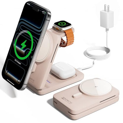 KPON Foldable 3in1 Charging Station for Magsafe, Travel Phone and Watch Charger for Apple Devices, Wireless Charging Dock for iPhone 17 16 15 14 13 12 Series/Apple Watch/Airpods - color: Pink