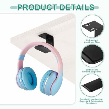 HARFINGTON Headphone Holder Stand Aluminum Headset Hook Headphone Clip Under Desk Hanger with Tape and Screws for Bedrooms Study Libraries Offices, Silver - color: Silver