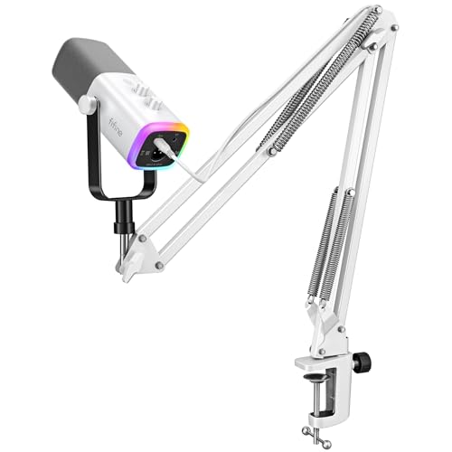 FIFINE AmpliGame AM8TW Gaming XLR/USB Microphone Kit Streaming Dynamic Mic | Computer Mic with Controllable RGB, Headphones Jack, Gain Knob, Arm Stand, for Vocal Podcast Recording Voiceover, White - color: White