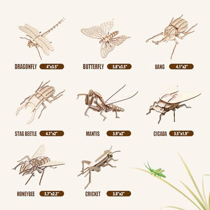 ELX Wooden 3D Puzzles for Kids 6+, 8 Piece Set Insect Animal Models, Wood Building Kits DIY Wooden Crafts Stem Toys peresents for Kids and Adults - style: 3D-Insects