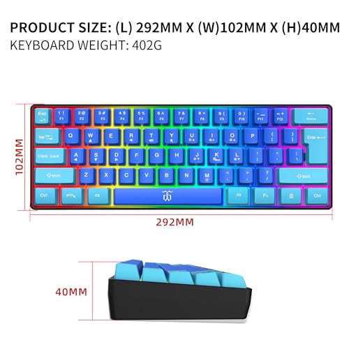 Snpurdiri 60% Wired Gaming Keyboard, RGB Ultra-Compact Mini Keyboard, Waterproof Mechanical Feeling Small Keyboard for PC/Mac Gamer, Typist, Travel, Easy to Carry on Business Trip (Wathet-Blue) - color: Wathet and Blue